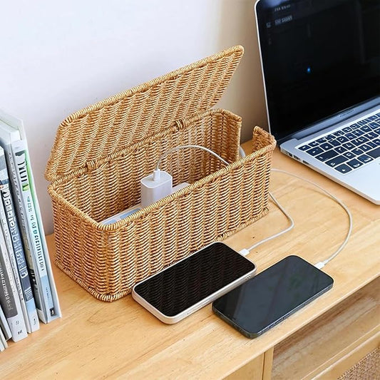 Cable Management Box Organizer,Handmade Rattan Cable Organizer with Lid,2 Side Open Slots Cord Organizer Hider Box to Hide Power Strip & Under Desk for Desk, Floor,12.4" x 5.11" x 5.11"