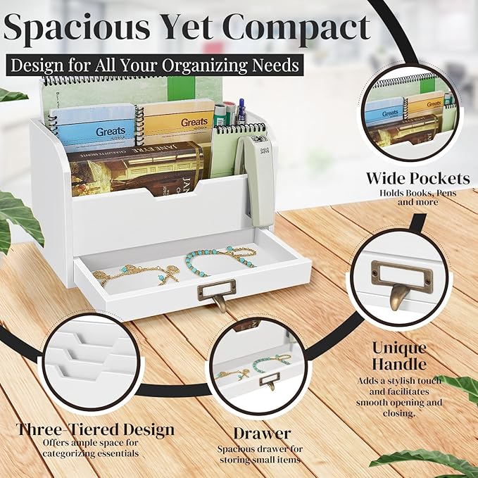 Flexzion 3 Tier Wooden Desk Organizer - Country Rustic Mail Organizer Countertop Compartments Slot File Tray Pencil Sorter Shelf Holder Accessories Set with Storage Drawer for Home Office, Beige Wood-NeatNest