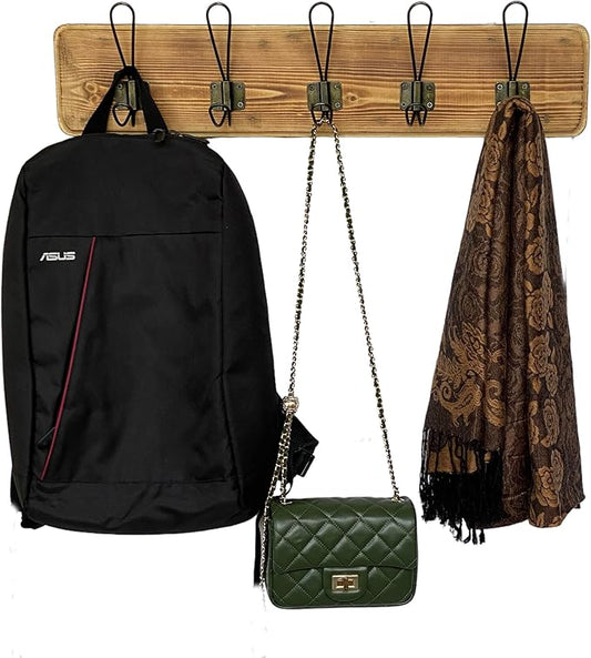 24” Wooden Wall-Mount Coat Rack, Burnt Pine Rustic Pine with 5 Storage Hooks, Farmhouse Design for Jackets, Hats, Scarves, Umbrellas, Bags, Keys, Leashes, Towel, Entryway, Bedroom, Bathroom