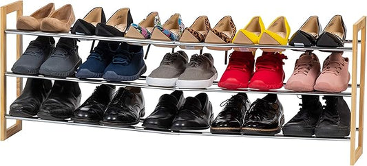 IRIS USA 3-Tier Shoe Rack, Up to 15 Pairs, 25" - 46"L Extendable Shoe Shelf, for Entryway Mudroom, Extendable Shoe Organizer for Closet, Stackable Shoe Storage, Metal Shoe Shelf for Small Space