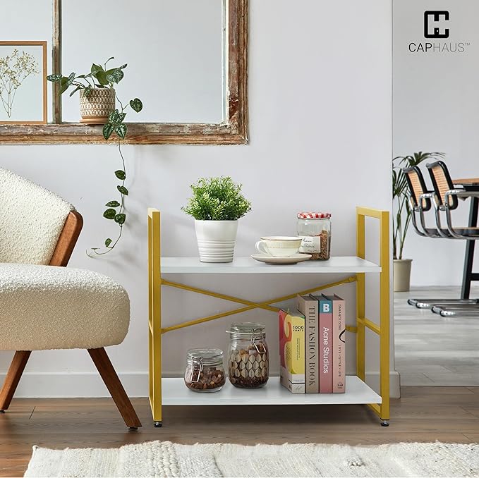 CAPHAUS 2 Tier Small Bookshelf, 24 Inch Width Free Standing Shelf, Bookcase Shelf Storage Organizer, Industrial Book Shelves for Home Office, Living Room, White Wooden Shelves & Gold Frame-NeatNest