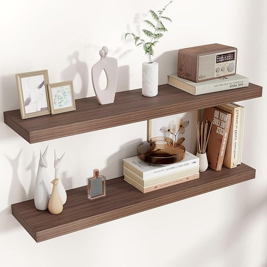 Floating Shelves for Wall, 36"W x 7.8"D x 1.5"H, 2 Pack of Long Wall Mounted Engineered Wood Shelves with Invisible Brackets for Living Room, Bedroom, Bathroom, Kitchen Decor and Storage, Walnut-NeatNest