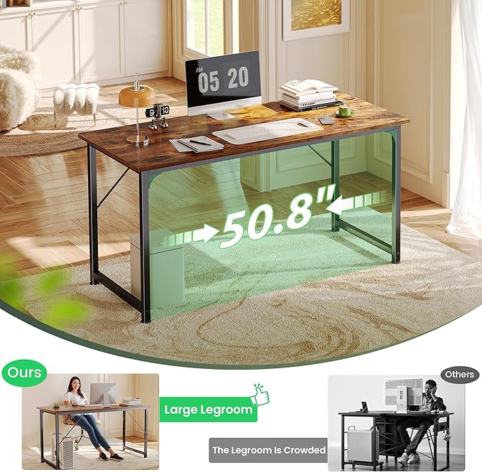Huuger Computer Desk, 55 Inch Home Office Desk, Gaming Writing Work from Home Study Desk, Large Legroom, Sturdy Metal Frame, Modern Simple, Rustic Brown-NeatNest