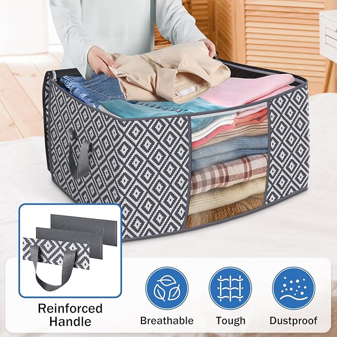 Direct 100L, 6 Pack, Storage Containers, Large Clothes Storage Bins Foldable Organization and Storage Bags with Reinforced Handle, Clear Window for Bedding, Blankets, Clothing, Grey-NeatNest