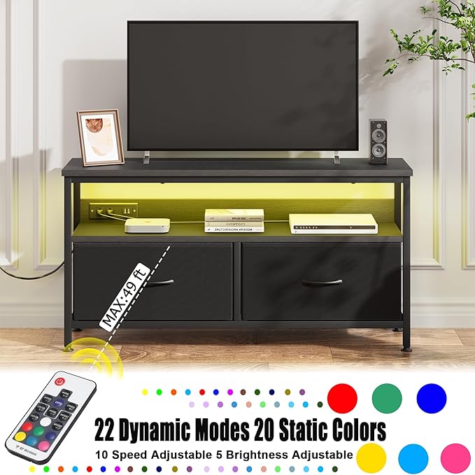 39" Dresser TV Stand for TVs up to 50", Media Console with LED Lights, Charging Station & 2 Drawer Storage Chest, Gaming Entertainment Center with Storage for Bedroom (Black, 39 in)-NeatNest