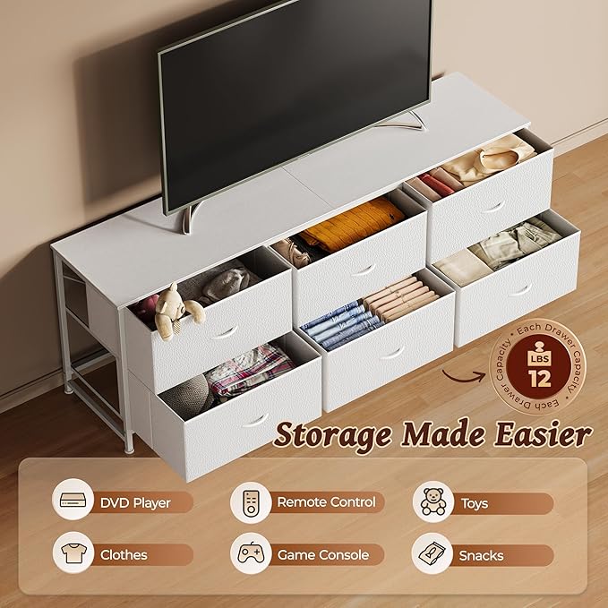 Huuger 63 Inch Long Dresser for Bedroom, Wide TV Stand for 55, 65, 70 Inch TV, 6 Drawer Dresser for Closet with Fabric Drawers, Storage Organizer for Bedroom, Entryway, PU Leather, White-NeatNest