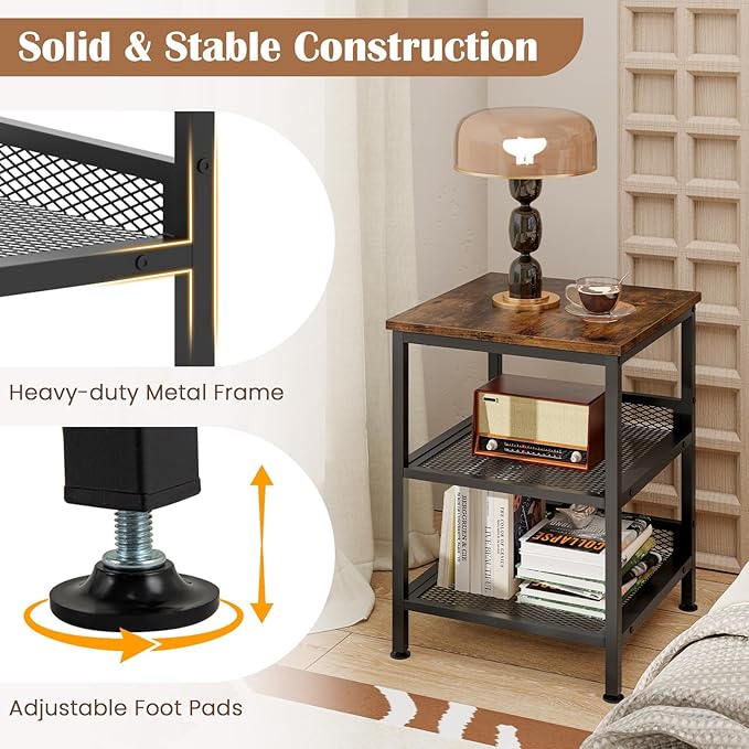 Giantex 3-Tier End Table Set of 2, Industrial Telephone Table with 2 Mesh Storage Shelves, Metal Frame, 16 Inch Square Sofa Side Table Nightstand for Living Room, Bedroom, Small Space, Rustic Brown