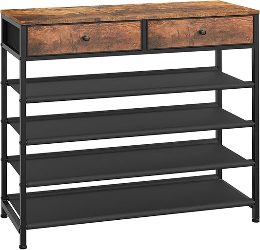 usikey Shoe Rack, 5 Tier Shoe Storage Organizer with 2 Drawers, Metal Shoe Shelf for 16-20 Pairs of Shoes, with 4 Fabric Shelves and Wooden Top, Shoe Stand for Closet Entryway, Rustic Brown-NeatNest