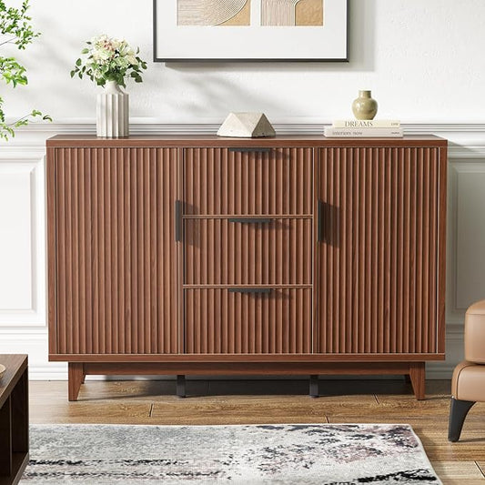 47.2" W Storage Cabinet with 3 Drawers, Fluted Buffet Cabinet with Storage, Large Sideboard with 2 Door, Modern Mid Century TV Stand Coffee Bar Cabinets for Living Room, Kitchen, Entryway