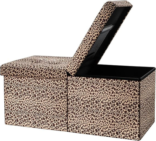 AmasSmile Footrest Ottoman Bench with Storage,34Inch Leopard Print Velvet Footstool, Coffee Table, Padded Seat, Storage Chest,Blanket Store with Flipping Lid for Livingroom and Bedroom