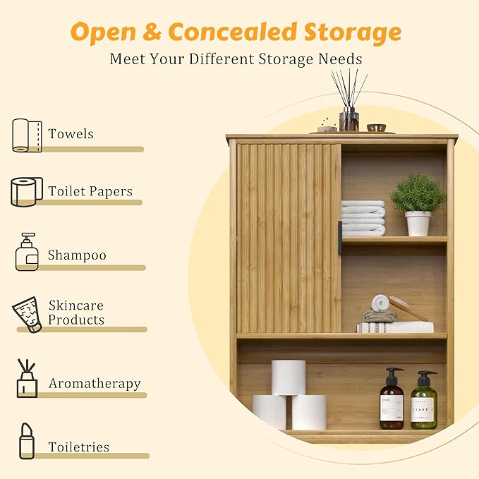 BlueWish Over The Toilet Storage Cabinet, Bamboo Over Toilet Storages with Fluted Door, Over The Toilet Cabinet Bathroom Organizer, Bathroom Shelf Over The Toilet, Storage Rack, Natural-NeatNest
