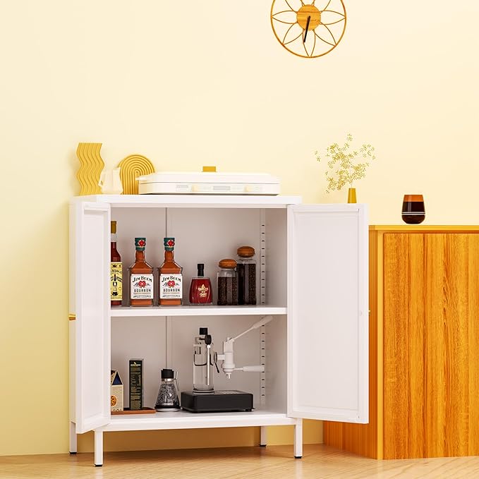 2 Door Metal Accent Cabinet, Small Sideboard, Locker Style Accent Storage Cabinet with Doors and Adjustable Shelves for Home, Office, Living Room, Kitchens (Square Door, White)