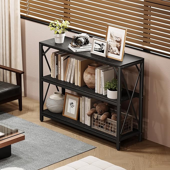 Homeiju Entry Table 40" Width, 3-Tier Entryway Table with Storage, Industrial Sofa Table with Open Shelves, Foyer Tables for Entryway, Hallway, Kitchen, Living Room and Bedroom, Black-NeatNest