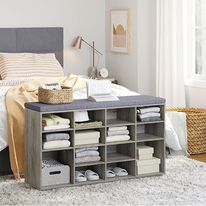 DINZI LVJ Shoe Storage Bench with Cushion, 16-Cubby Shoe Rack, Adjustable Shelves, Multifunctional Shoe Organizer Bench for Entryway, Mudroom, Hallway, Living Room, Bedroom and Garage, Gray Wash-NeatNest