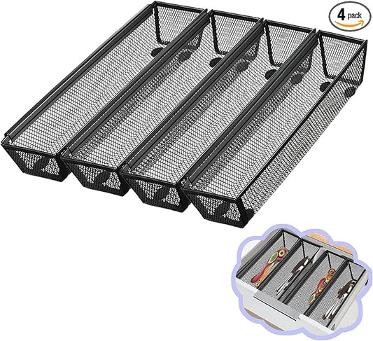 4PCS Drawer Organizer for Kitchen, Utensil Mesh Organizer With Interlocking Arm for Cosmetic, Flatware, Pen (12 * 3 * 2 Inches, Black)-NeatNest