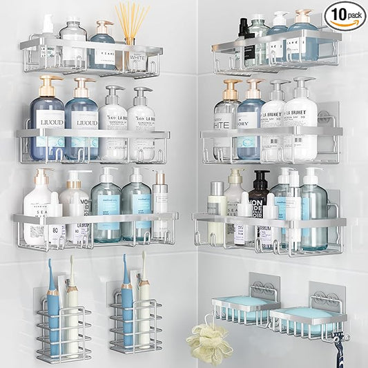 10 Pack Shower Caddy Organizer Rack Shelf for Inside Shower, Self Adhesive Wall Storage Basket Rustproof Stainless Steel Shampoo Holder Bathroom Accessory Decor Set, Silver-NeatNest