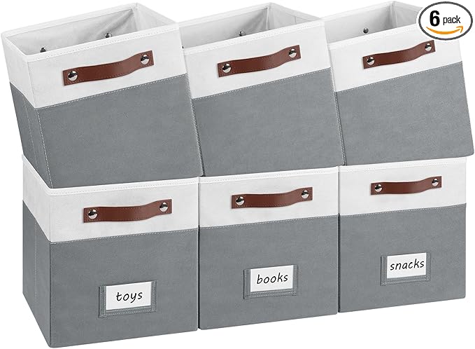 6-Pack Collapsible Fabric Storage Cubes with Handles & Label Holders, Closet Cube Home Organizer Bins (White/Dark Grey, 10.5*10.5*11 inch)