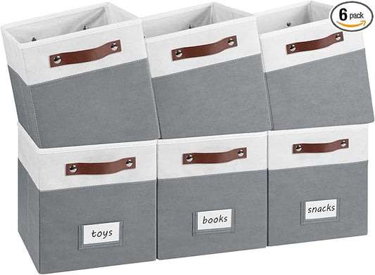 6-Pack Collapsible Fabric Storage Cubes with Handles & Label Holders, Closet Cube Home Organizer Bins (White/Dark Grey, 10.5*10.5*11 inch)