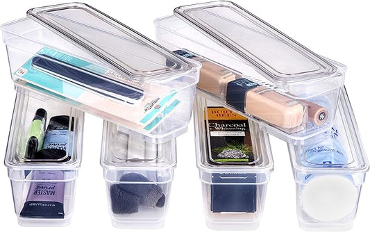 AB Designs Bin Pack, [6] Long Home Organizer Storage Boxes with Lids, Translucent Clear