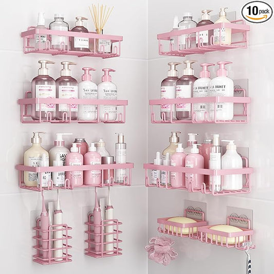 10 Pack Shower Caddy Organizer Rack Shelf for Inside Shower, Self Adhesive Wall Storage Basket Rustproof Stainless Steel Shampoo Holder Bathroom Accessory Decor Set, Pink-NeatNest