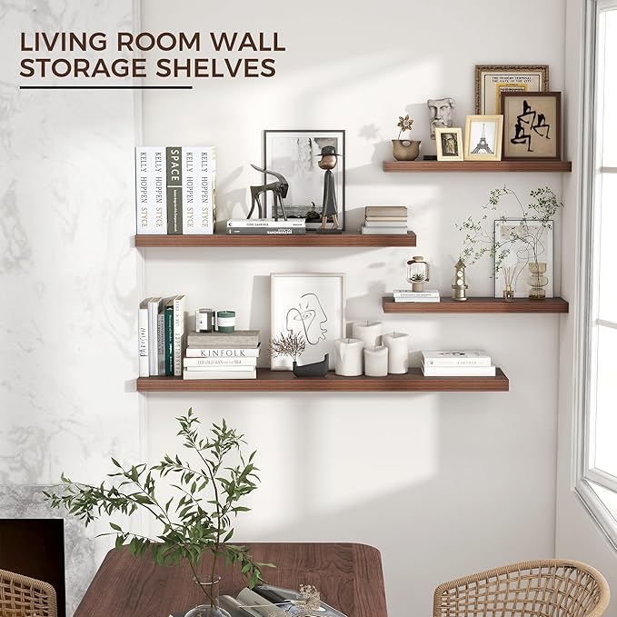 Floating Shelves for Wall, 36"W x 7.8"D x 1.5"H, 2 Pack of Long Wall Mounted Engineered Wood Shelves with Invisible Brackets for Living Room, Bedroom, Bathroom, Kitchen Decor and Storage, Walnut-NeatNest