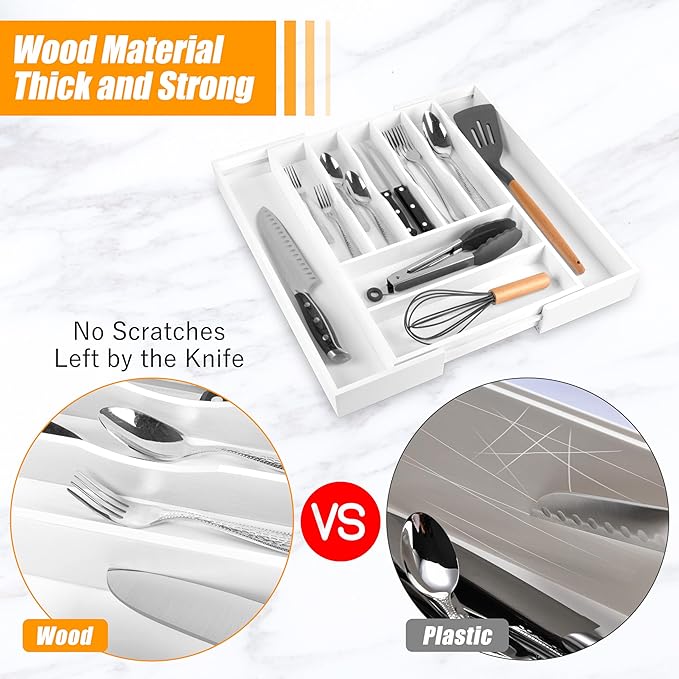 Bellsal Large Premium Bamboo Silverware Organizer - Expandable Utensil Drawer Organizer - 17"x19.6" Utensil Holder and Cutlery Tray with Grooved for Kitchen Flatware and Utensils(7-9 Slot, White)-NeatNest