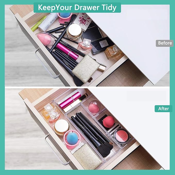 6 Pack Clear Drawer Organizer, Acrylic Drawer Storage Trays, Storage Bins for Makeup, Cosmetics, Jewelries, Utensils, Gadgets, Office-NeatNest