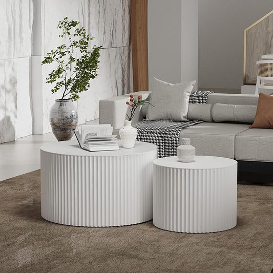 Round Coffee Table Set of 2 Modern Nesting Coffee Tables Wooden Drum Coffee Tables with Non-Slip Feet, Circle Nesting Tables End Table for Living Room Office, No Assembly (White 27.56"+19.69")