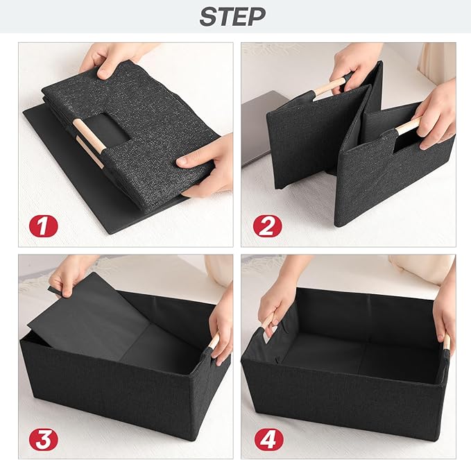 ANMINY 2PCS Storage Baskets for Organizing Collapsible Fabric Storage Bins Boxes with Wood Handles Closet Shelves Cube Organizer Bins Clothes Laundry Storage Container - Medium, Black-NeatNest