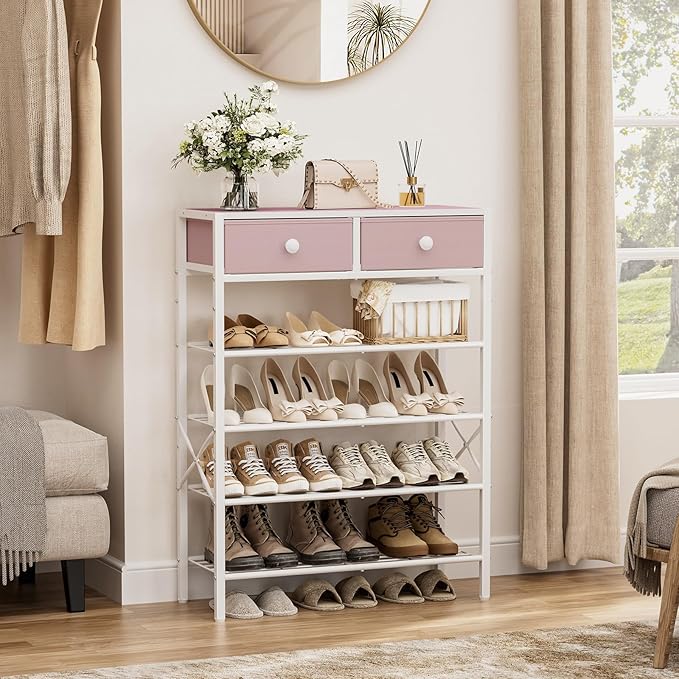 Shoe Rack for Entryway, 5 Tier Shoe Organizer with 2 Non-Woven Drawers, Metal Storage Shoe Shelf for 16-20 Pairs of Shoes, with Wooden Top and Steel Frame, Shoe Stand for Closet Pink-NeatNest