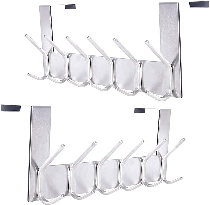 SKOLOO Over The Door Hook, Brushed Nickel, No Assembly Required, Door Coat Rack for Entryway, Over Door Towel Hooks for Bathroom, Coat Hooks for Hanging Coats, Backpack, Jacket, Robes, Pack of 2