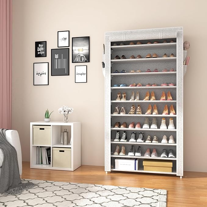 ROJASOP 10 Tier Shoe Rack with Covers Large Capacity Stackable Tall Shoe Shelf Storage for 50-55 Pairs Shoe and Boot, Sturdy Free Standing Shoe Rack Organizer for Closet, Entryway, Bedroom-NeatNest