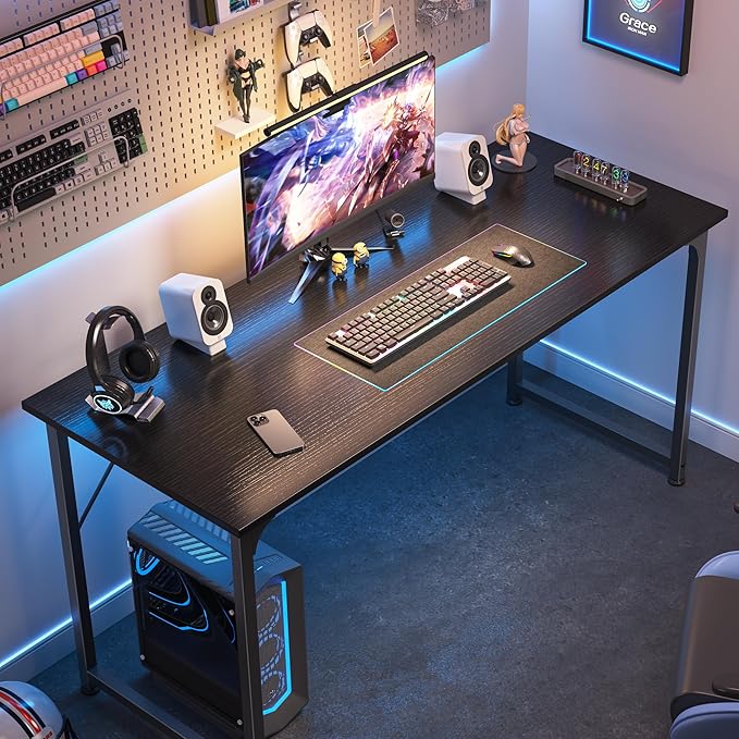 Huuger Computer Desk, 55 Inch Home Office Desk, Gaming Writing Work from Home Study Desk, Large Legroom, Sturdy Metal Frame, Modern Simple, Black-NeatNest