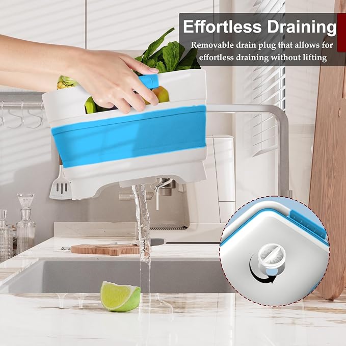 2.4 Gal Collapsbile Wash Basin with Drian Plug,9L Dish Pan for Soaking Baby Bottles,Portable Sink, Multiuse Foldable Bucket,Ice Beverage Tubs for Camping, Vegetable Washing, RV (Blue)-NeatNest