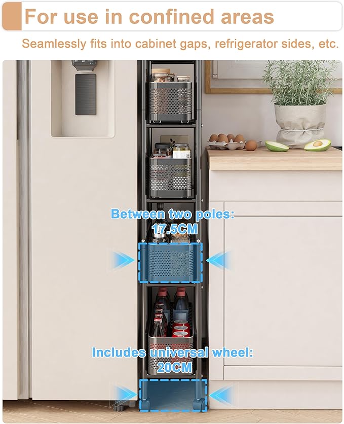 UMDONX Slim Storage Cart 5 Tier with Pull Out Basket Bathroom Organizer Rolling cart, Rolling Utility Cart Slide Out Organizer for Kitchen, Bathroom, Laundry Black