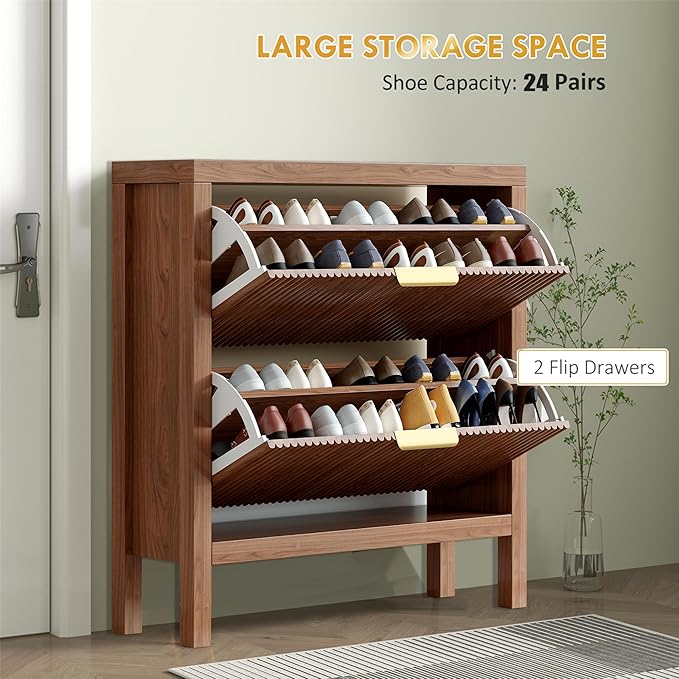 Modern 2-Tier Flip Drawer Shoe Cabinet, Freestanding Hidden Slim Narrow Shoe Rack Cabinet, Wooden Large Capacity Shoe Storage Cabinet Shoe Organizer, for Entryway, Hallway, Walnut-NeatNest