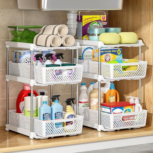 2Pcs 3 Tier Bathroom Organizers, WIDER BOLDER Pull Out Under Sink Organizer with Dividers, Kitchen and Bathroom Storage Cabinet - White-NeatNest