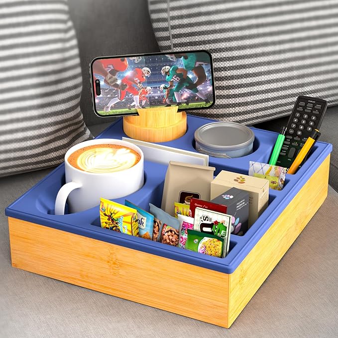 Couch Cup Holder Tray - Couch Organizer Caddy, Silicone Beach Caddy with Cup Holder, Sofa and Bed Drink Holder and Couch Tray Table for Snacks Beverage Remote (Blue)-NeatNest