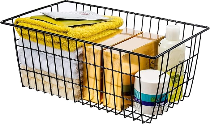 iPEGTOP Wire Storage Freezer Baskets, Set of 6 Large 15.4" Farmhouse Organizer Storage Bins Fridge Basket Rack with Handles for Kitchen Cabinets, Pantry, Office, Bathroom Organization - Black
