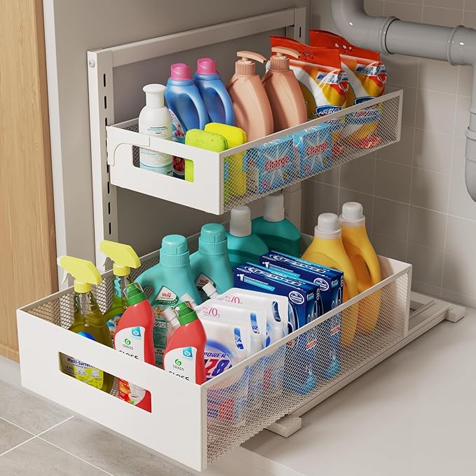 Under Sink Organizer Adjustable Height 2 Tier Bathroom Organizer Pull Out Cabinet Organer kitchen organizers and storage fridge organizers and storage,White,XL-1 Pack-NeatNest