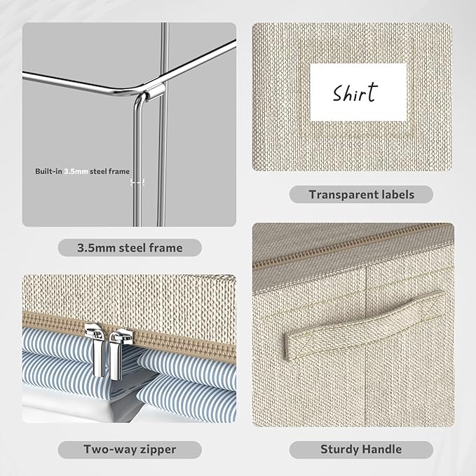 3Pack Foldable Storage Bins - Frame Storage Box Linen Fabric Stackable Clothes Container Organizer with Clear Window & Carry Handles Large Capacity (Large-66L, Beige)-NeatNest