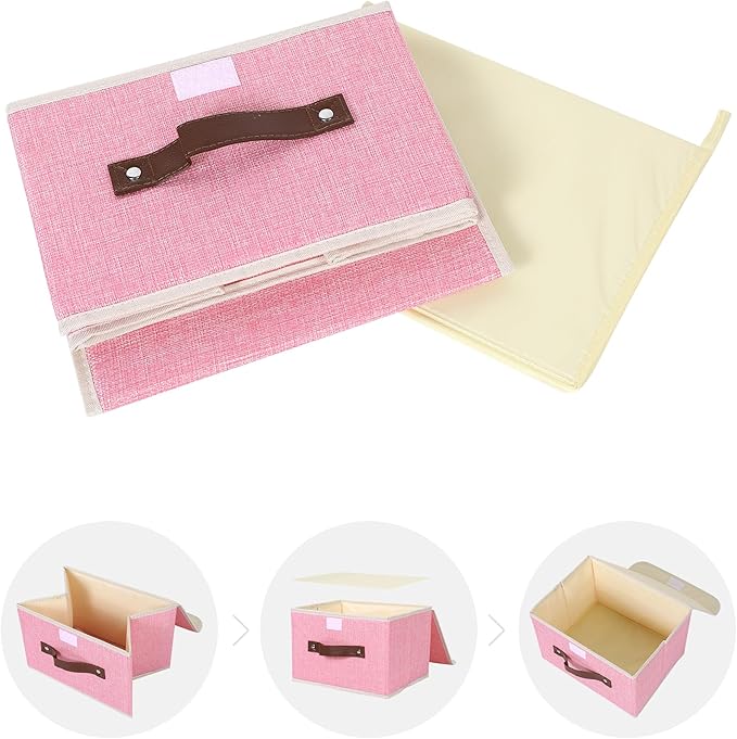 ANMINY 2PCS Storage Bins with Lid PU Leather Handles Storage Boxes PP Plastic Board Decorative Foldable Lidded Cotton Linen Fabric Home Cubes Baskets Closet Organizer Containers - Pink, Small Size-NeatNest