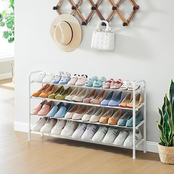 Shoe Rack for Closet,4 Tier Shoe Organizer, 28“ Metal Shelf Can Expandable to 42“, for Bedroom, Entryway, Living Room, Garage, Adjustable to 24 Pairs Shoes, White-NeatNest