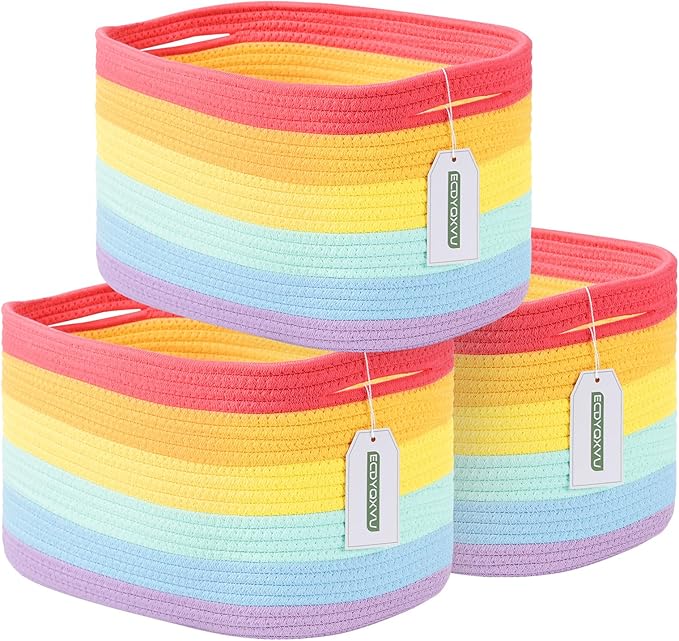 Cotton Rope Storage Basket, 15x10x9 Inches, Woven Basket for Shelves, Clothes, Toys, Towels, Books, and Laundry, Durable and Stylish, Rainbow (3 Pack)-NeatNest