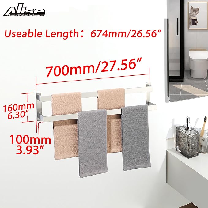 Alise Bath Double Towel Bars,Black Towel Holder Towel Racks for Bathroom Lavatory,Wall Mount Towel Hanger SUS304 Stainless Steel Towel Rail,GOY2700-LS Brushed Nickel 28 Inch