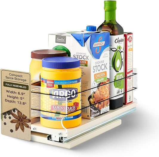 Vertical Spice 13.8" Depth Heavy Duty Pull Out Spice Rack Drawer - 1 Drawer, Mix Containers - Sliding Cabinet and Pantry Organizer - Kitchen Cupboard Storage Rack (6.9" W x 5.0" H x 13.8" D, Cream)