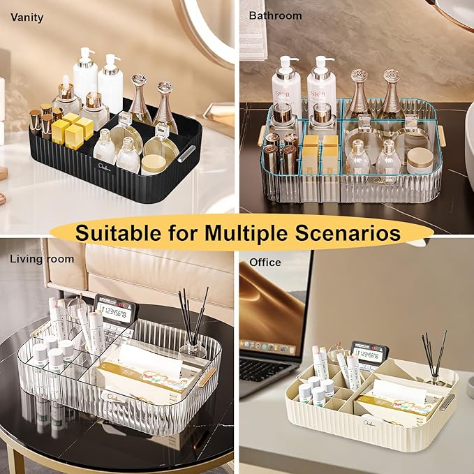 DASITON Large Capacity Makeup Organizer,12 Slots Makeup Brush Holder,Makeup Storage with Handle,Vintage Striped Cosmetic Organizer for Bathroom Countertops,Desk Storage Container(Clear)-NeatNest