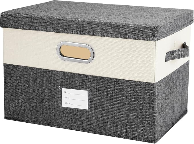 Large Linen Fabric Foldable Storage Bins with Removable Lid and Handles, Washable Storage Box Organizer Containers Baskets Cube with Cover for Bedroom,Closet,Office,Nursery(Grey&Cream, Large)-NeatNest