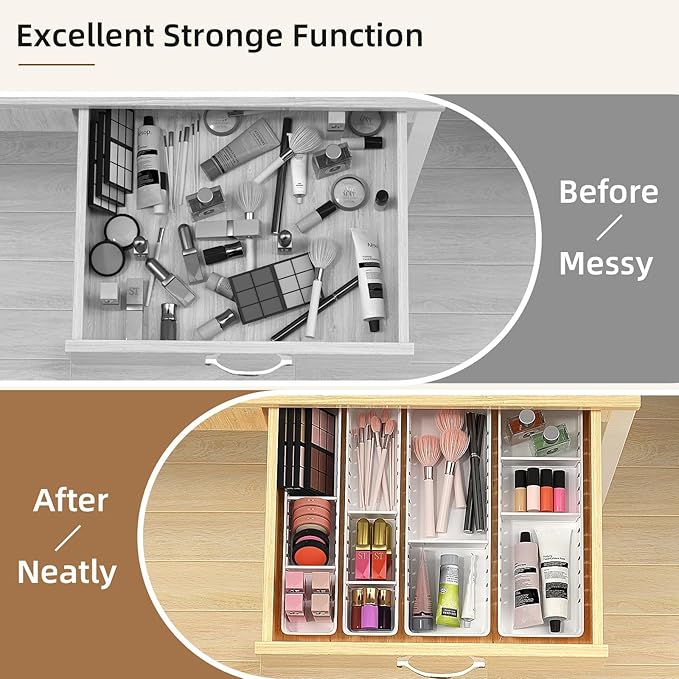 Desk Drawer Organizer Tray 4 PCS Plastic Office Drawer Organizer Bins Junk Organizer Divider with Non-Slip Silicone Pads, Makeup Vanity Organizer for Drawer, White-NeatNest