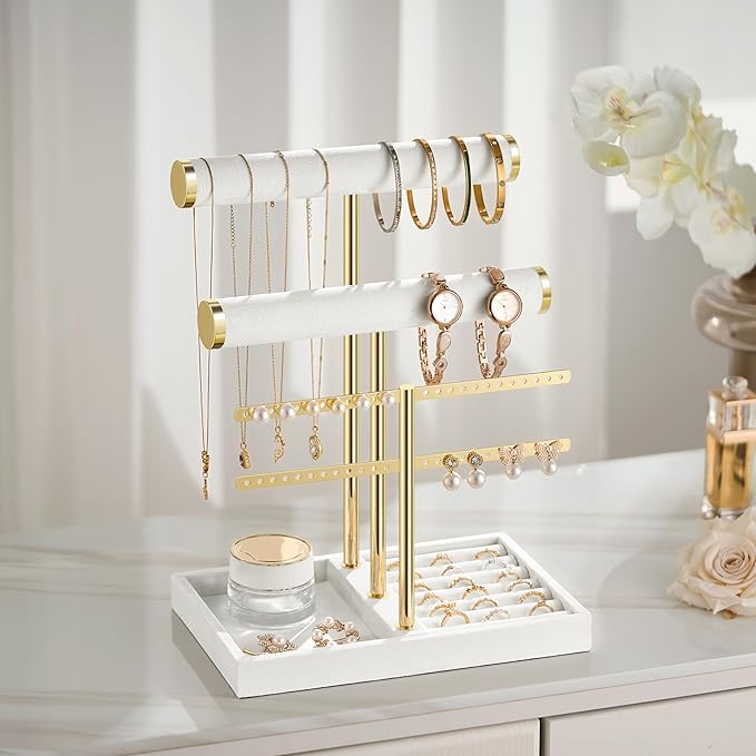 3 Tier Bracelet Holder Display - Detachable T Bar White Velvet Bracelet Holder, Jewelry Holder Organizer for Bracelet, Necklace, Earrings, Rings